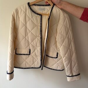 Wayf Cream Quilted Jacket with whipstitch navy Trim